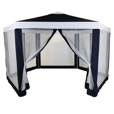 Charles Bentley Hexagonal Gazebo with Mesh Sides Blue/Beige Showerproof