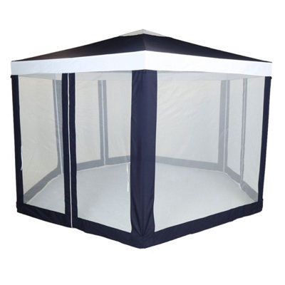 Charles Bentley Hexagonal Gazebo with Mesh Sides Blue/Beige Showerproof