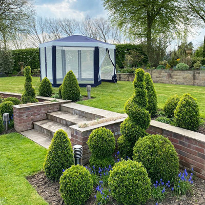 Charles Bentley Hexagonal Gazebo with Mesh Sides Blue/Beige Showerproof - 6