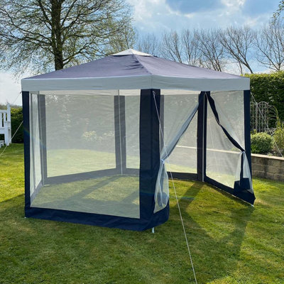 Charles Bentley Hexagonal Gazebo with Mesh Sides Blue/Beige Showerproof - 7