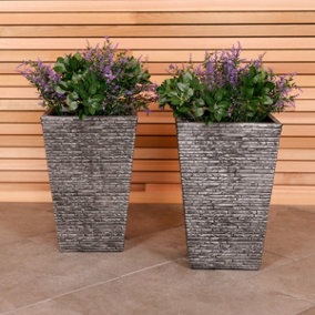 Charles Bentley Pair of Tall Slate Planters (Dia. 30cm) Grey Plastic Pots