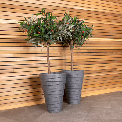Charles Bentley Pair of Trojan Round Granite Planters (Dia. 33cm) Grey  Plastic