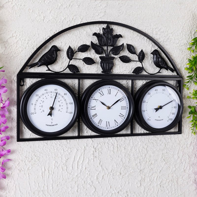 Charles Bentley Shabby Chic Dark Grey Wall Clock With Thermometer & Hygrometer