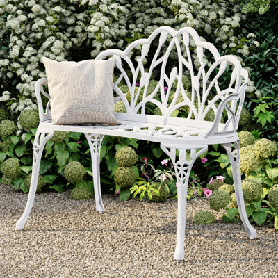 Charles Bentley White Tulip Cast Aluminium Metal 2 Seats Garden Patio Bench Seat