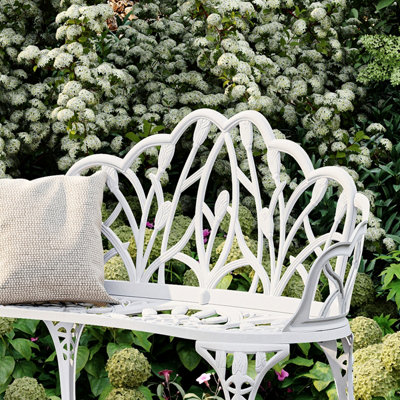 Charles Bentley White Tulip Cast Aluminium Metal 2 Seats Garden Patio Bench Seat
