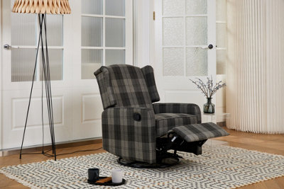 Charles Swivel Recliner Armchair Grey Tartan Wing Back Sofa With Adjustable Footrest