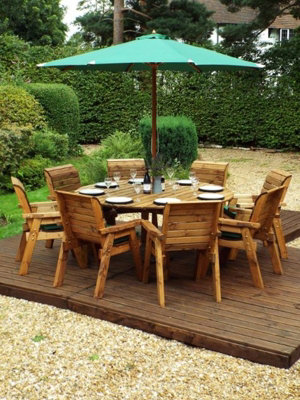 Charles Taylor 8 Seater Wooden Round Garden Dining Table & Chairs Parasol Green