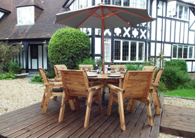 Charles Taylor 8 Seater Wooden Round Garden Dining Table & Chairs Parasol Grey