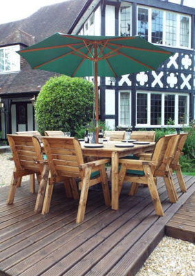 Charles Taylor 8 Seater Wooden Square Garden Dining Table & Chairs Parasol Green