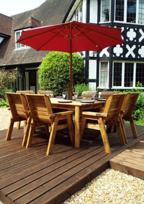 Charles Taylor 8 Seater Wooden Square Garden Dining Table & Chairs Parasol Red