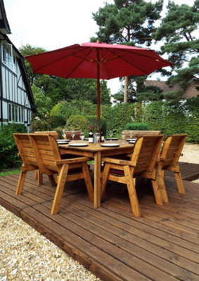 Charles Taylor 8 Seater Wooden Square Table & 4 Chairs 2 Benches Parasol Red