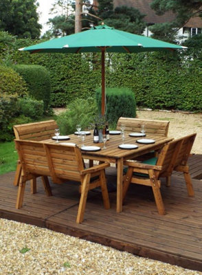 Charles Taylor 8 Seater Wooden Square Table & 4 x Garden Benches Parasol Green