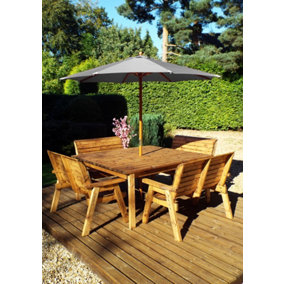 Charles Taylor 8 Seater Wooden Square Table & 4 x Garden Benches Parasol Grey
