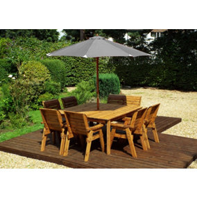 Charles Taylor 8 Seater Wooden Square Table & 6 Chairs 1 Bench Parasol Grey