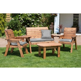 Charles Taylor Wooden Garden 4 Seater Multi Chair Bench Set & Table Grey Cushion