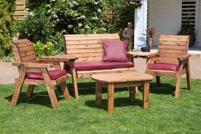 Charles Taylor Wooden Garden 4 Seater Multi Chair Bench Set & Table Red Cushion