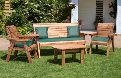 Charles Taylor Wooden Garden 5 Seater Multi Chair Bench Set Table Green Cushion