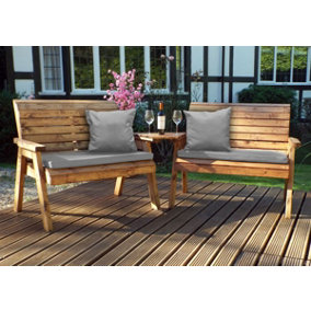 Charles Taylor Wooden Twin Garden 2 Seater Bench Set Angled & Grey Cushion