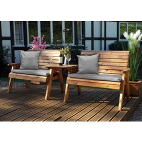 Charles Taylor Wooden Twin Garden 2 Seater Bench Set Straight & Grey Cushion