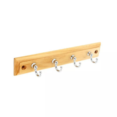Charles Watson 220mm 4 x Chrome Coat Hooks on Pine Wall Plaque