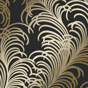 Charleston Feather Wallpaper In Black And Gold