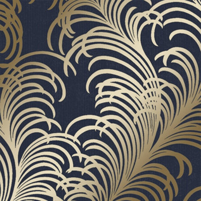 Charleston Feather Wallpaper In Navy And Gold