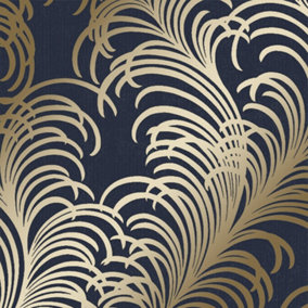 Charleston Feather wallpaper in navy & gold