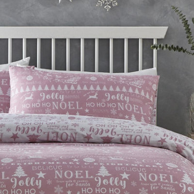 Happy Linen Company Parure de lit réversible - pour Fille/Enfant - Festif - Motifs Sapin de Noël/Patin à Glace/Teckel - Rose - lit Enfant