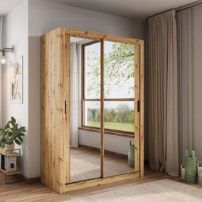 Charming Oak Artisan Lux 18 Sliding Door Wardrobe H2150mm W1500mm D600mm with Mirrored Panels