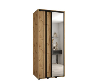 Charming Oak Artisan Mirrored Wardrobe H2050mm W1000mm D600mm with Customisable Black Steel Handles and Decorative Strips