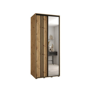 Charming Oak Artisan Mirrored Wardrobe H2050mm W1000mm D600mm with Customisable Black Steel Handles and Decorative Strips