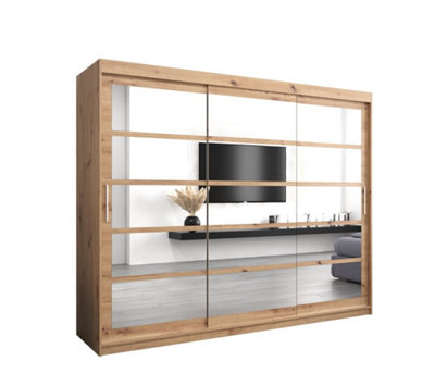 Charming Oak Artisan Sliding Door Wardrobe H2000mm W2500mm D620mm with Mirrored Panels and Silver Handles