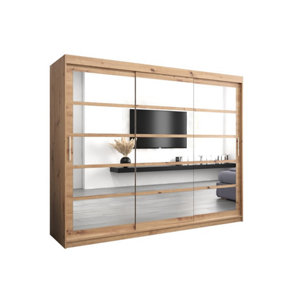 Charming Oak Artisan Sliding Door Wardrobe H2000mm W2500mm D620mm with Mirrored Panels and Silver Handles
