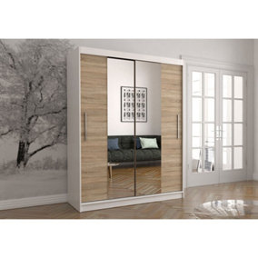 Charming Oak Sonoma and White Mirrored Sliding Door Wardrobe - Bedroom Furniture (H)2000mm x (W)1500mm x (D)610mm