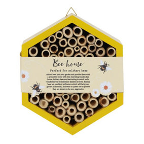 Charming Wooden Bee House. Includes Metal Hanger. Great for Solitary Bees (H15 x W16.5 cm)