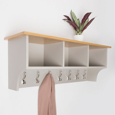 Charnwood Floating Storage Shelf with Metal Hooks and Three Storage Cubbies
