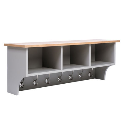 Charnwood Floating Storage Shelf with Metal Hooks and Three Storage Cubbies