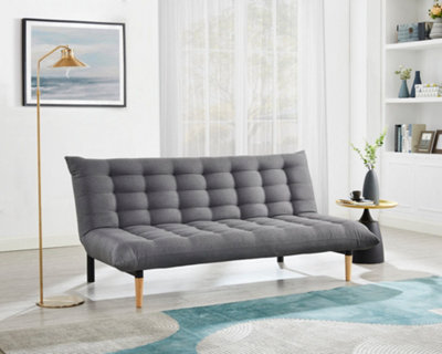 Chatham 3 Seater Dark Grey Fabric Pillow Topper Tufted Backrest Wooden Legs Sofa Bed
