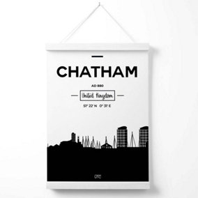 Chatham Black and White City Skyline Poster with Hanger / 33cm / White