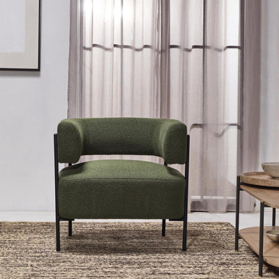 Cheam Armchair Upholstered Green Boucle Seat Black Curved Metal Accent Frame