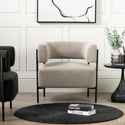 Cheam Armchair Upholstered Greige Boucle Seat Black Curved Metal Accent Frame