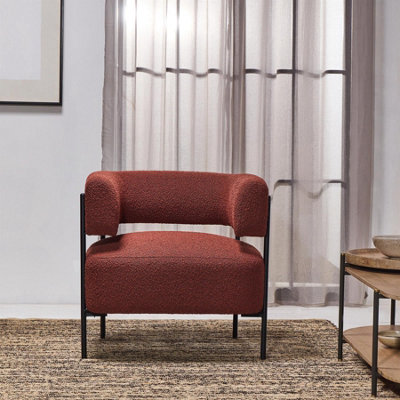 Cheam Armchair Upholstered Rust Boucle Seat Black Curved Metal Accent Frame