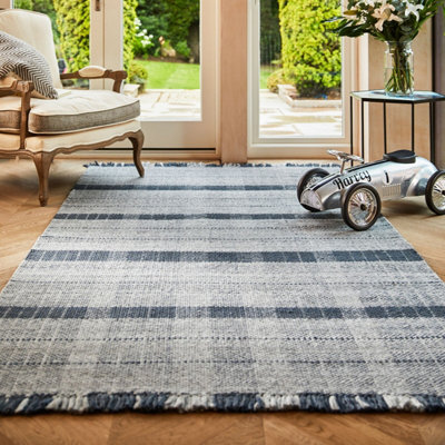 Check Blue Geometric, Hand Made, Luxurious , Modern , Tartan Rug for Bedroom & Living Room-200cm X 290cm