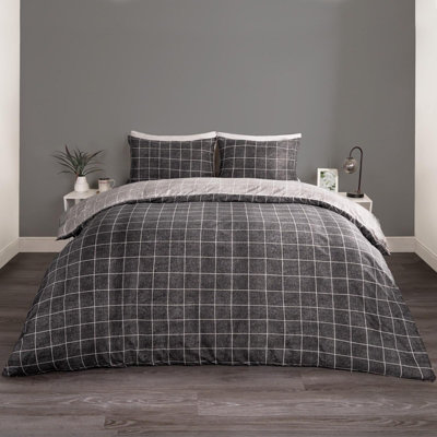 Check Duvet Cover Bedding Set Quilt Pillowcase, Charcoal/Black - Double