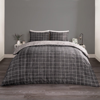 Check Duvet Cover Bedding Set Quilt Pillowcase, Charcoal/Black - Superking