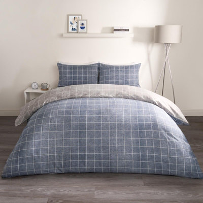 Check Duvet Cover Bedding Set Quilt Pillowcase, Navy/Grey - Double