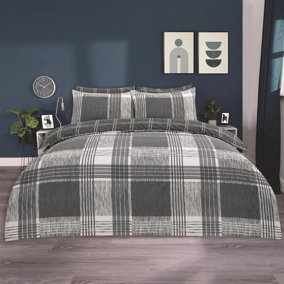 Check Duvet Cover Set Quilt Reversible Tartan Bedding, Grey - King