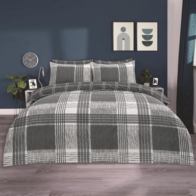 Check Duvet Cover Set Quilt Reversible Tartan Bedding, Grey - Super King