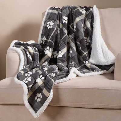 Check Fleece Pet Blanket Throw Supersoft Plush Sherpa, Grey - 100 x 120cm