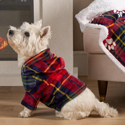 Check Tartan Dog Pet Hoodie Blanket Sherpa Fleece Clothes Jumper Red Large